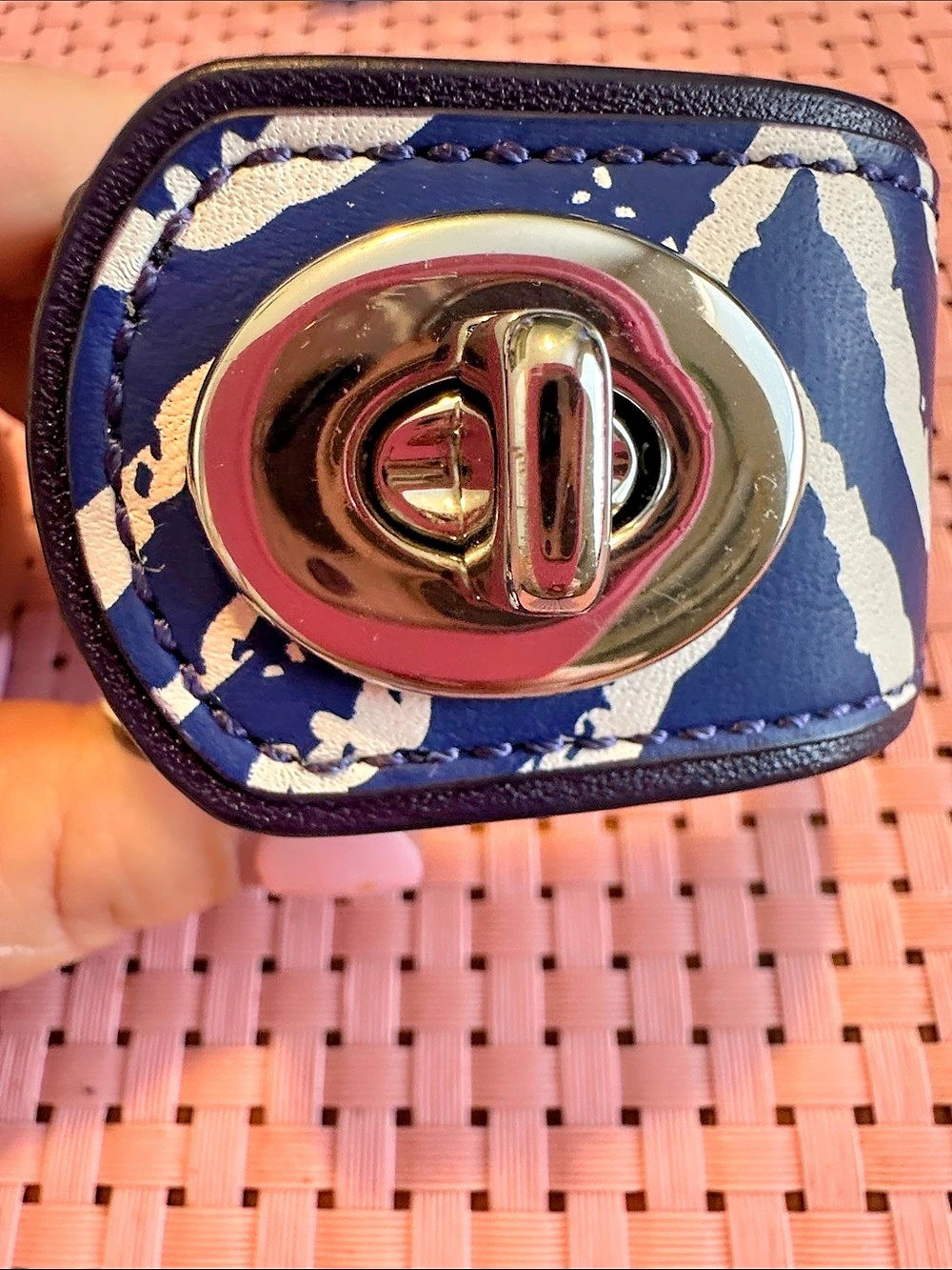 Coach Vintage Blue & White Zebra Print Leather Turnlock Cuff Bracelet